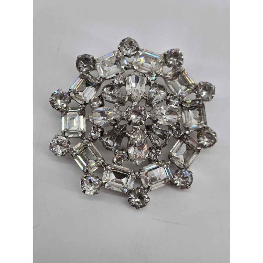 Vintage 40s Joseph Wiesner NY Silver Tone & Clear Rhinestone Pin Brooch